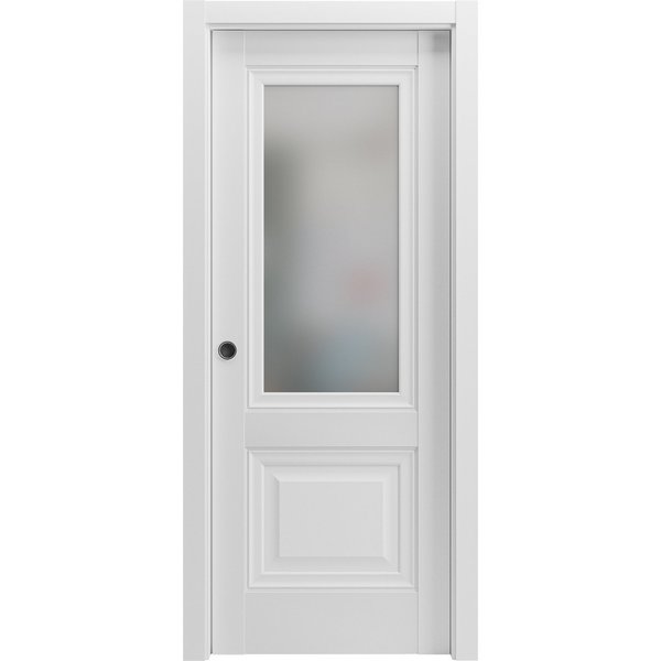 Sartodoors Sliding French Dbl Pocket Doors 84 x 96in, Nordic White W/ Frosted Glass, Kit Trims Rail Hardware SETE6933DP-NOR-8496